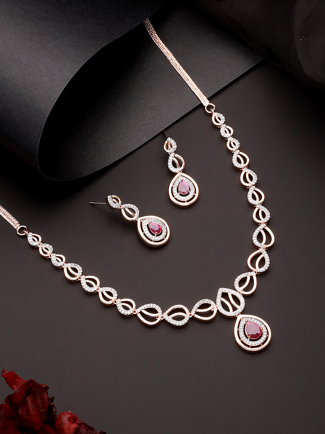 Rose Gold Plated Ruby AD Studded Pendant Jewellery Set